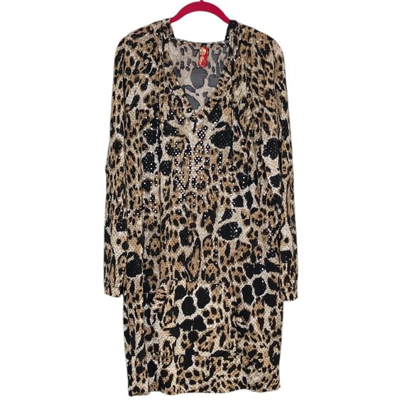 Vintage 00s Y2K Apple Bottoms 1X Brown Leopard V-Neck Embellished Hoodie Dress‎ - Picture 1 of 5